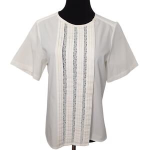 Vintage 80s Sheer Lace Button Up Shirt Tuxedo Pleated Cream Short Sleeve Retro